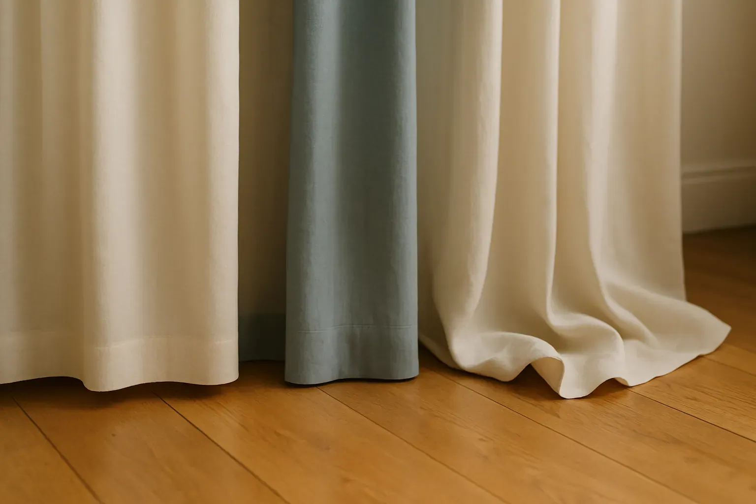 The hems of three floor-length curtains side by side: one floating above a wood floor, one kissing it, one gently puddling, in cream and soft blue.