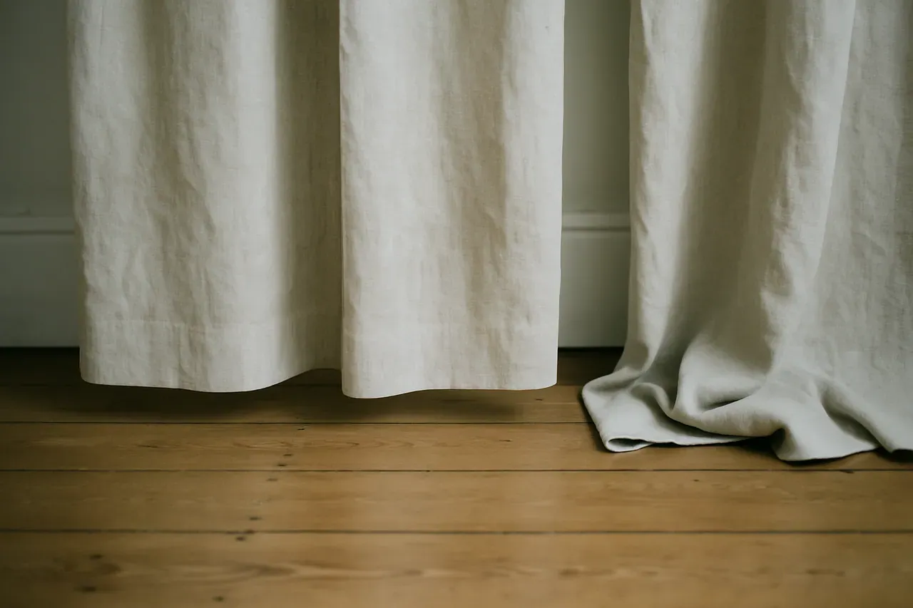 The hems of three floor-length curtains side by side: one floating above a wood floor, one kissing it, one gently puddling, in cream and soft blue.