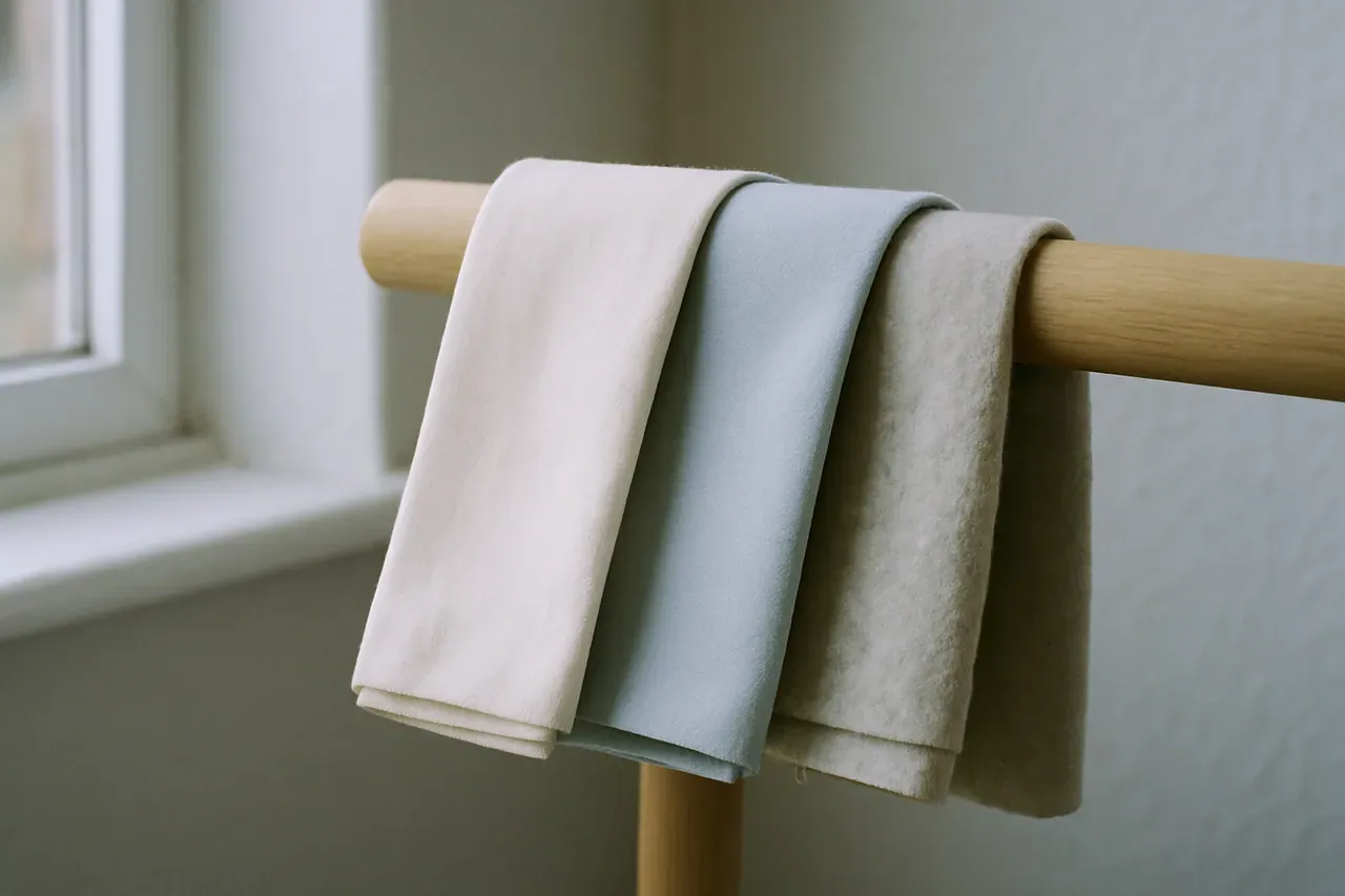 Three curtain linings draped over a wooden pole: a light face fabric, a thermal layer, and a soft blanket-like interlining, in cream, soft blue, and ochre.