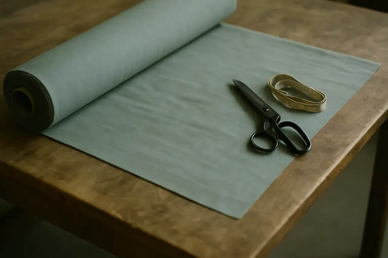 A roll of patterned curtain fabric partly unrolled on a wooden workroom table, with a tape measure across its width and scissors beside it.